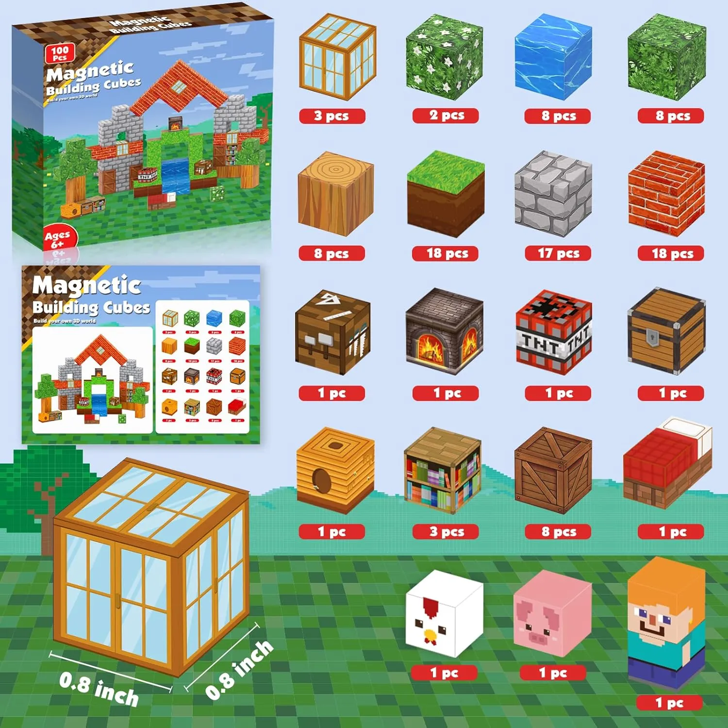 Magnetic Blocks-100PCS Grassland Building Blocks Set, Kids Classroom Sensory Toy, STEM Learning, Construction Stacking Toy for Kids 3  Boys & Girls