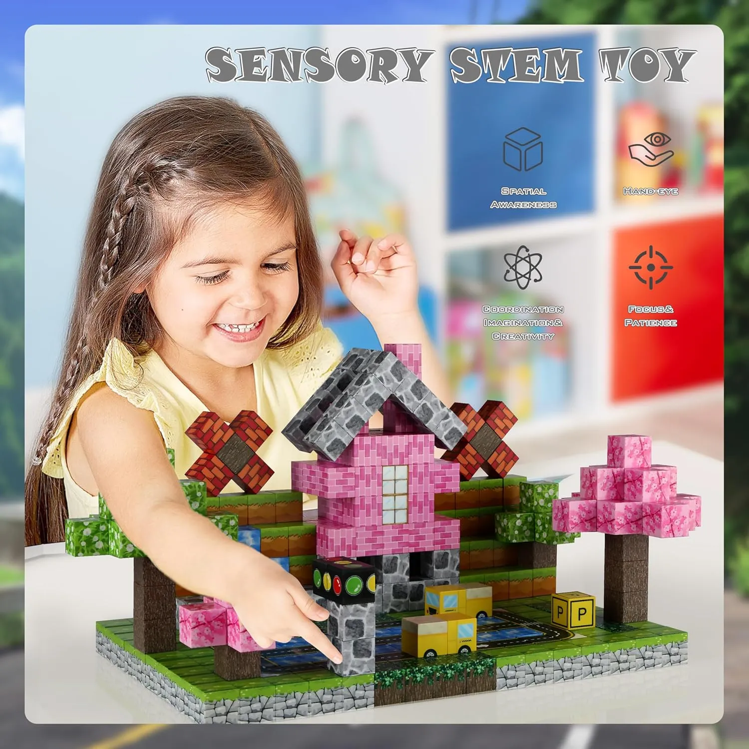 Magnetic Blocks 100PCS - STEM Building Toys for Kids Ages 3 , Sensory Montessori Educational Construction Cubes - Christmas Birthday Gifts for Toddler Boys & Girls(Town)