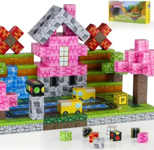 Magnetic Blocks 100PCS - STEM Building Toys for Kids Ages 3 , Sensory Montessori Educational Construction Cubes - Christmas Birthday Gifts for Toddler Boys & Girls(Town)
