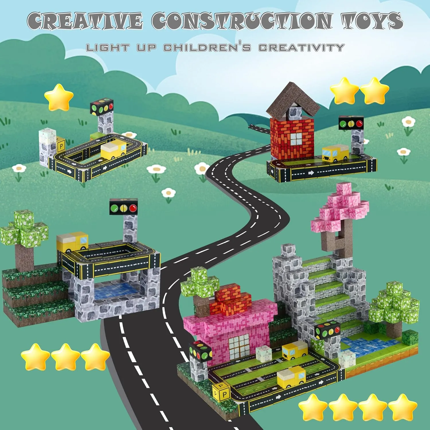 Magnetic Blocks 100PCS - STEM Building Toys for Kids Ages 3 , Sensory Montessori Educational Construction Cubes - Christmas Birthday Gifts for Toddler Boys & Girls(Town)