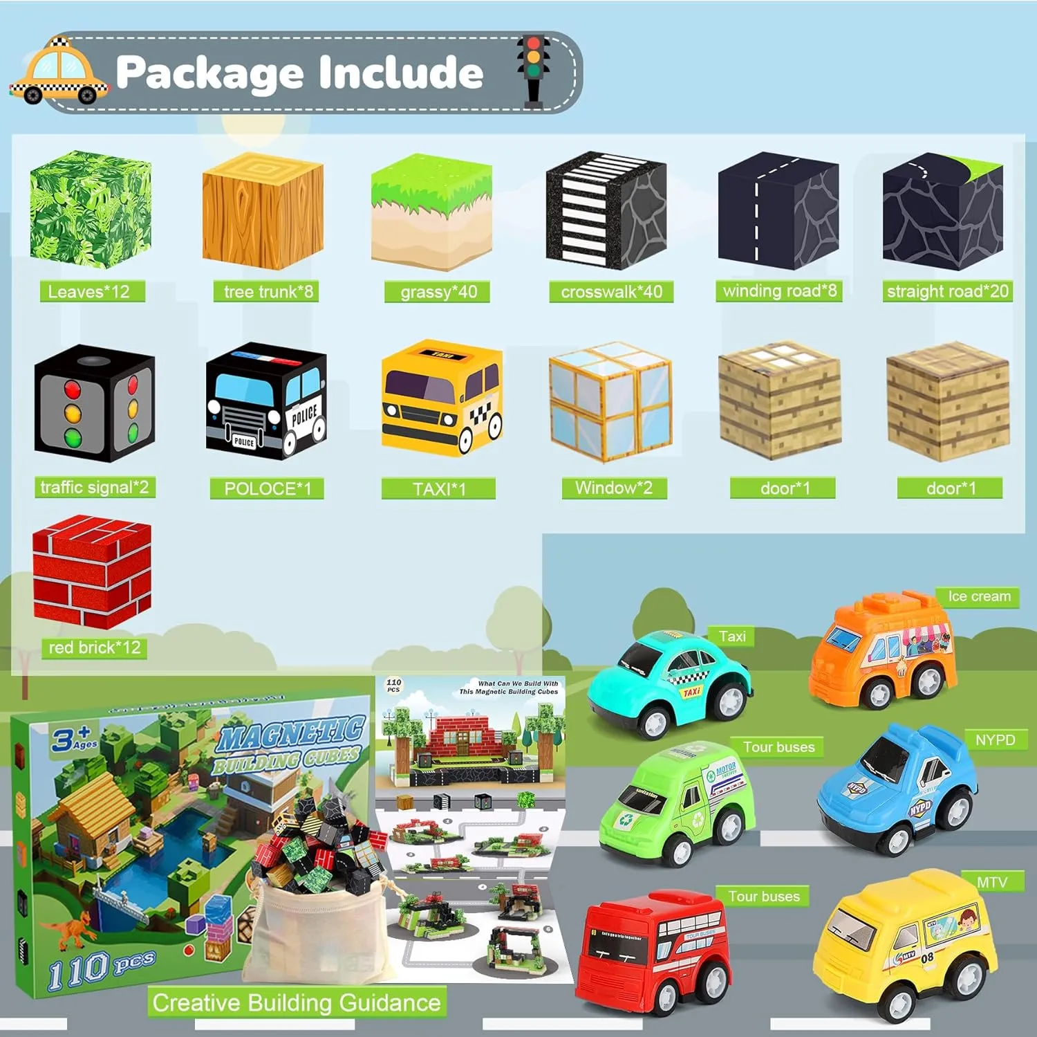 Magnetic Blocks 110PCS with 5 Car Toys, City Building Blocks Set, Toys for Boys & Girls Age 4-6, 6-8, Stacking Building for Toddlers Sensory for Kids 3 