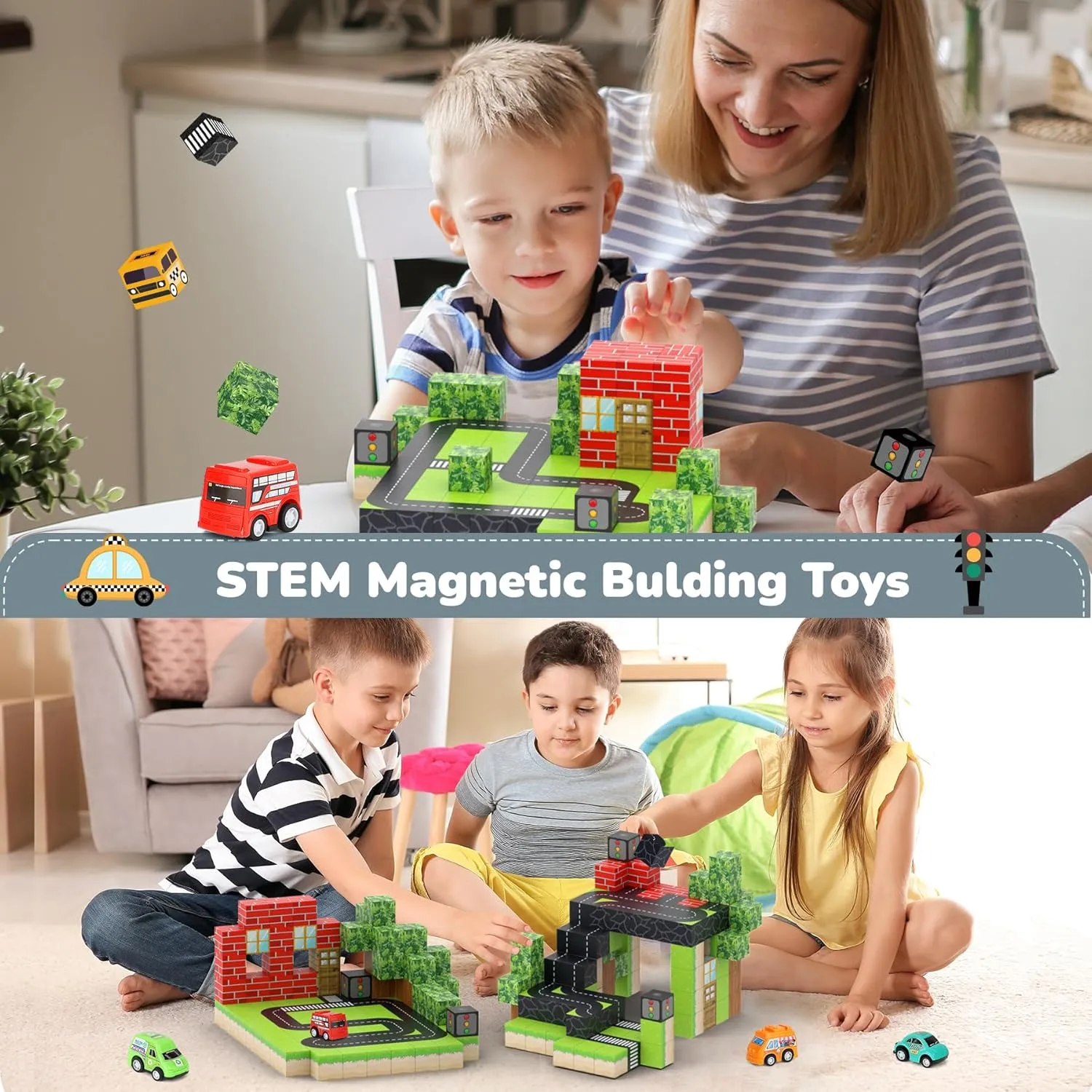 Magnetic Blocks 110PCS with 5 Car Toys, City Building Blocks Set, Toys for Boys & Girls Age 4-6, 6-8, Stacking Building for Toddlers Sensory for Kids 3 