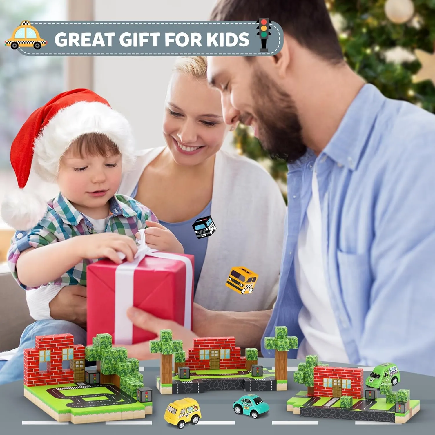 Magnetic Blocks 110PCS with 5 Car Toys, City Building Blocks Set, Toys for Boys & Girls Age 4-6, 6-8, Stacking Building for Toddlers Sensory for Kids 3 