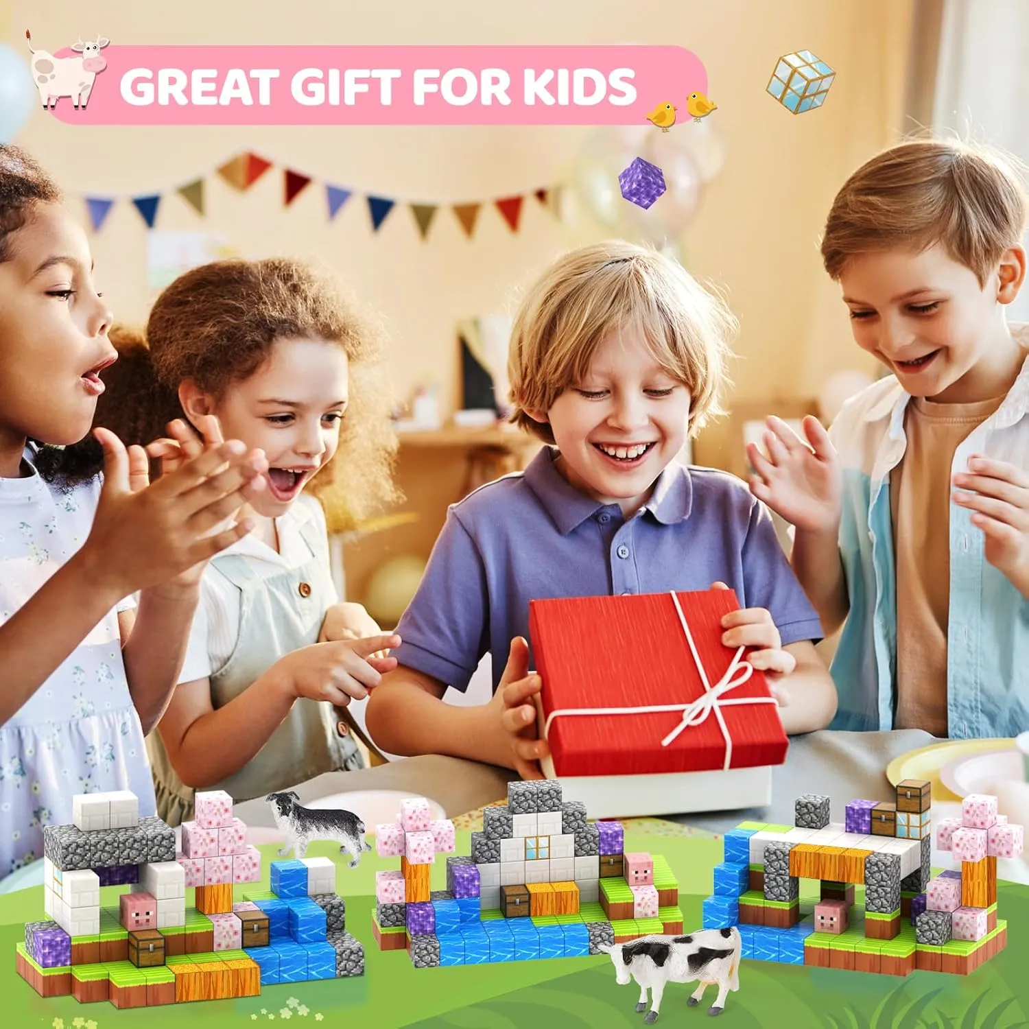 Magnetic Blocks 110PCS with 6 Animal Toys, Building Blocks Set, Toys for Boys & Girls Age 4-6,6-8, STEM Montessori Stacking Building Toys for Toddlers Kids 3 (Cherry & Animal)