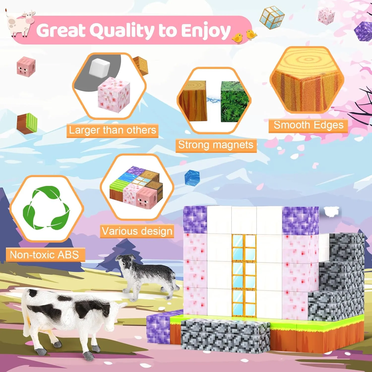 Magnetic Blocks 110PCS with 6 Animal Toys, Building Blocks Set, Toys for Boys & Girls Age 4-6,6-8, STEM Montessori Stacking Building Toys for Toddlers Kids 3 (Cherry & Animal)