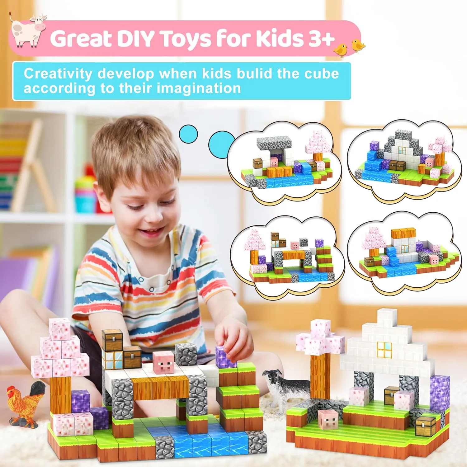 Magnetic Blocks 110PCS with 6 Animal Toys, Building Blocks Set, Toys for Boys & Girls Age 4-6,6-8, STEM Montessori Stacking Building Toys for Toddlers Kids 3 (Cherry & Animal)