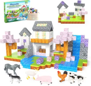 Magnetic Blocks 110PCS with 6 Animal Toys, Building Blocks Set, Toys for Boys & Girls Age 4-6,6-8, STEM Montessori Stacking Building Toys for Toddlers Kids 3 (Cherry & Animal)