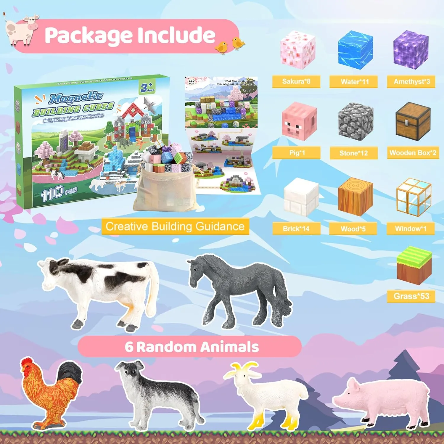 Magnetic Blocks 110PCS with 6 Animal Toys, Building Blocks Set, Toys for Boys & Girls Age 4-6,6-8, STEM Montessori Stacking Building Toys for Toddlers Kids 3 (Cherry & Animal)