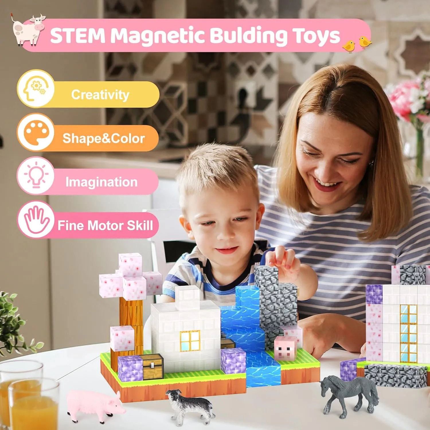 Magnetic Blocks 110PCS with 6 Animal Toys, Building Blocks Set, Toys for Boys & Girls Age 4-6,6-8, STEM Montessori Stacking Building Toys for Toddlers Kids 3 (Cherry & Animal)