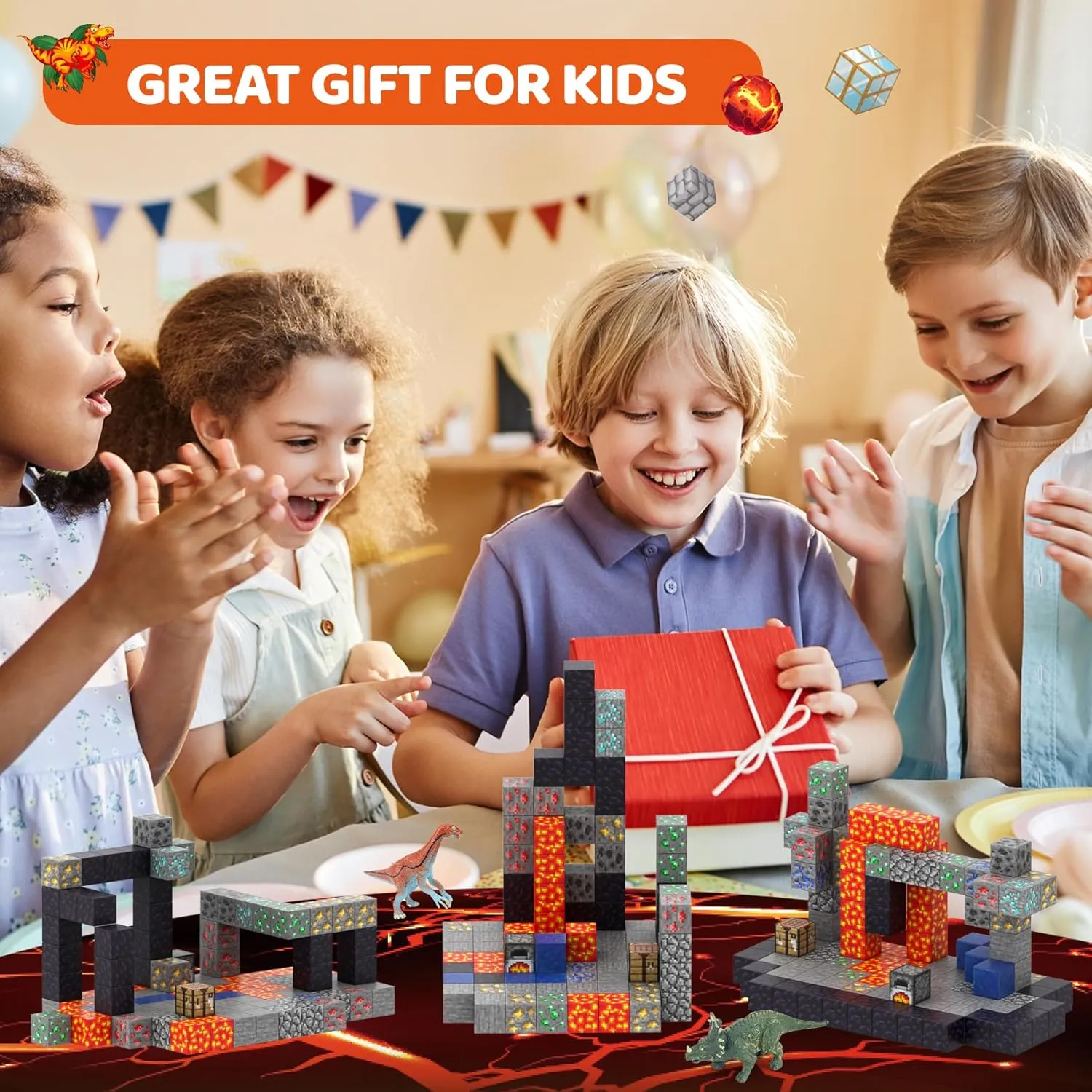 Magnetic Blocks 110PCS with 6 Animal Toys, Volcano Building Blocks Set, Toys for Boys & Girls Age 6-8, Stacking Building Toys for Toddlers Sensory Toy for Kids 6 