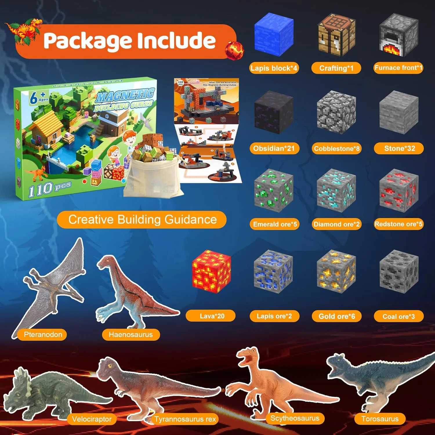 Magnetic Blocks 110PCS with 6 Animal Toys, Volcano Building Blocks Set, Toys for Boys & Girls Age 6-8, Stacking Building Toys for Toddlers Sensory Toy for Kids 6 