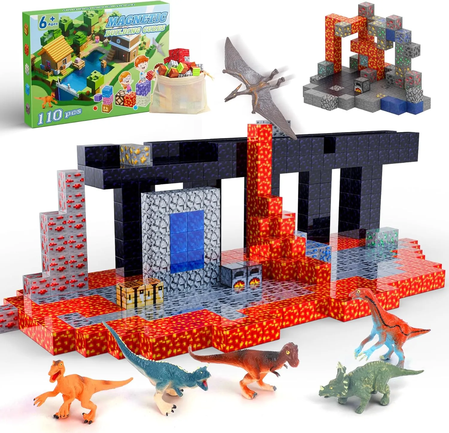 Magnetic Blocks 110PCS with 6 Animal Toys, Volcano Building Blocks Set, Toys for Boys & Girls Age 6-8, Stacking Building Toys for Toddlers Sensory Toy for Kids 6 