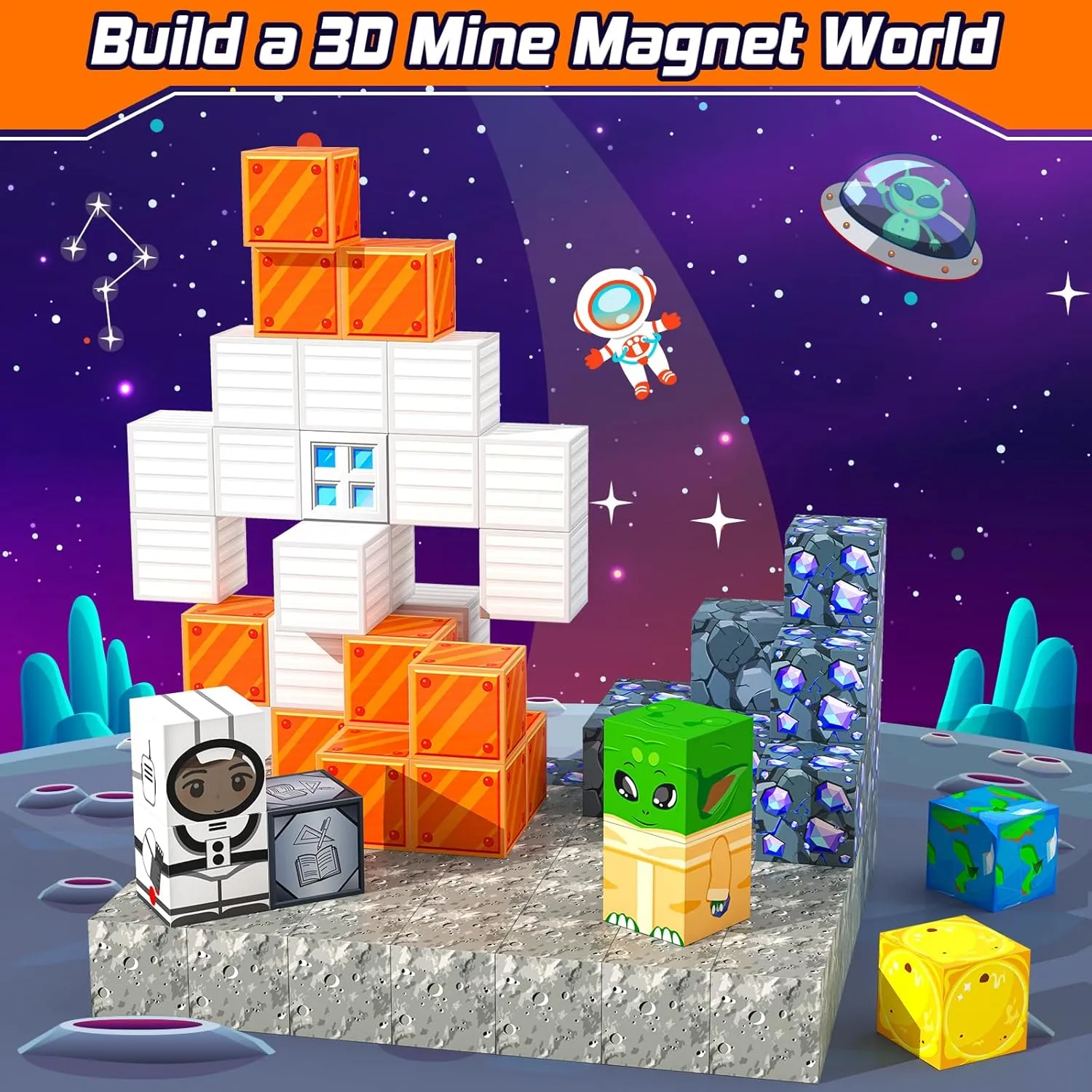 Magnetic Blocks Space Set, Build Mine Magnet World Set, Magnetic Tiles Building Toys for Boys & Girls Age 3-5 5-7, STEM Montessori Sensory Toys for Toddlers Gifts for 3  Years Old