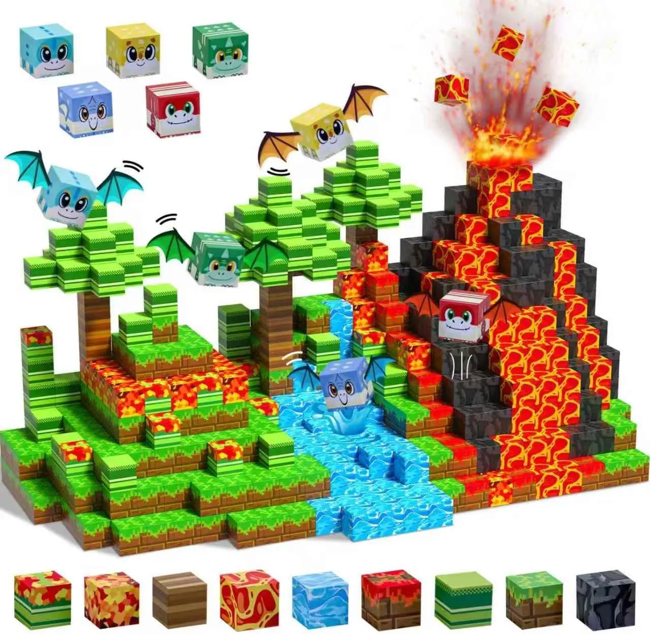 Magnetic Blocks-Volcano & Dinosaur Toys Magnetic Building Blocks, STEM Sensory Magnet Blocks Cubes Toys for Kids Toddlers Boys & Girls Ages 3 4 5 6 7 8 9 10