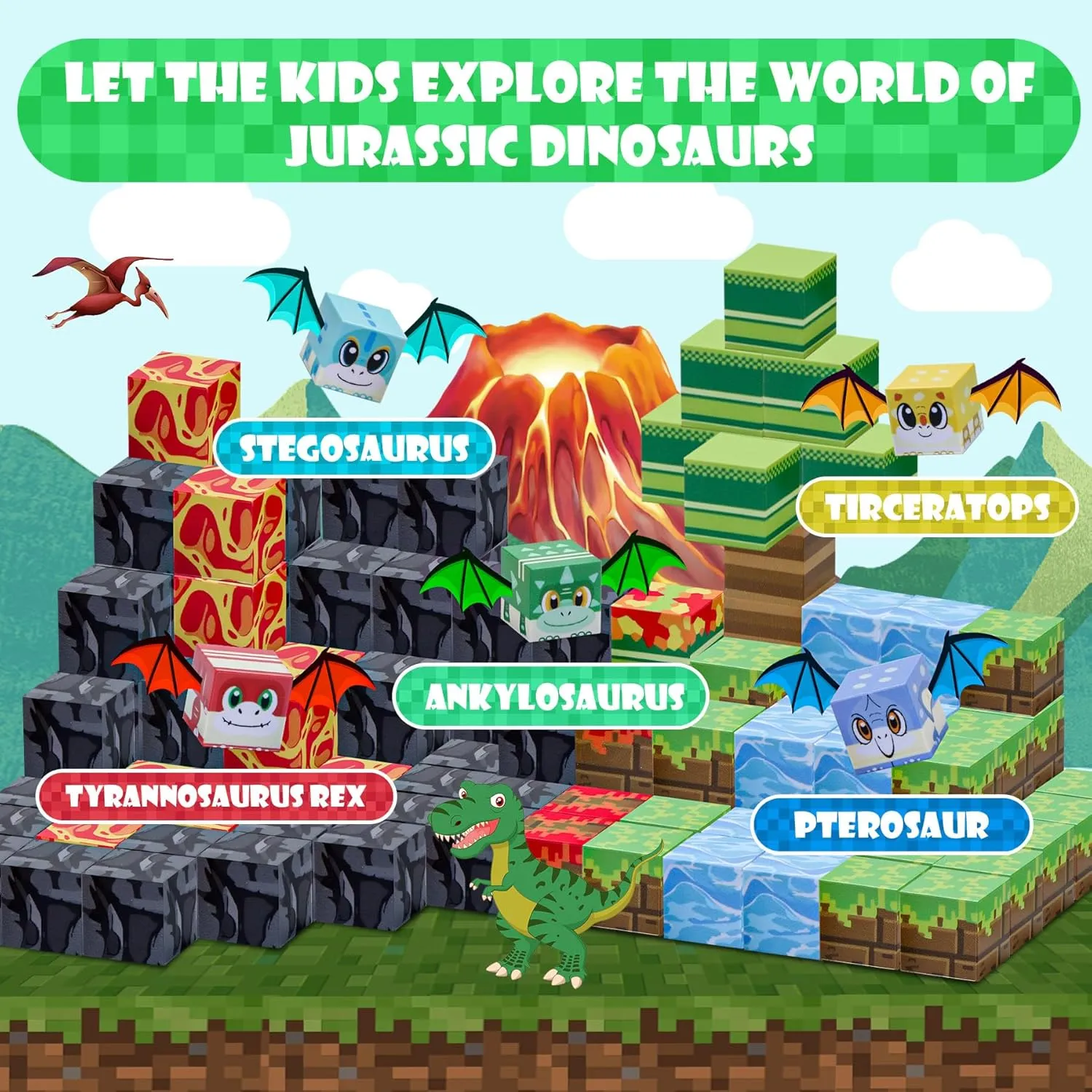 Magnetic Blocks-Volcano & Dinosaur Toys Magnetic Building Blocks, STEM Sensory Magnet Blocks Cubes Toys for Kids Toddlers Boys & Girls Ages 3 4 5 6 7 8 9 10