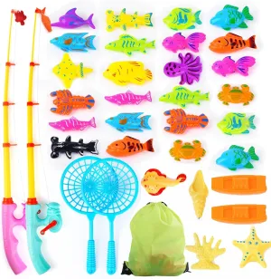 Magnetic Fishing Game - 36 Pcs Color Ocean Sea Animals Plastic Floating Fish with Pole Rod Net Storage Bag, Water Table Bathtub Game for Age 3 4 5 6 Year Kids Toddler, Bath Toys for Kids Ages 4-8
