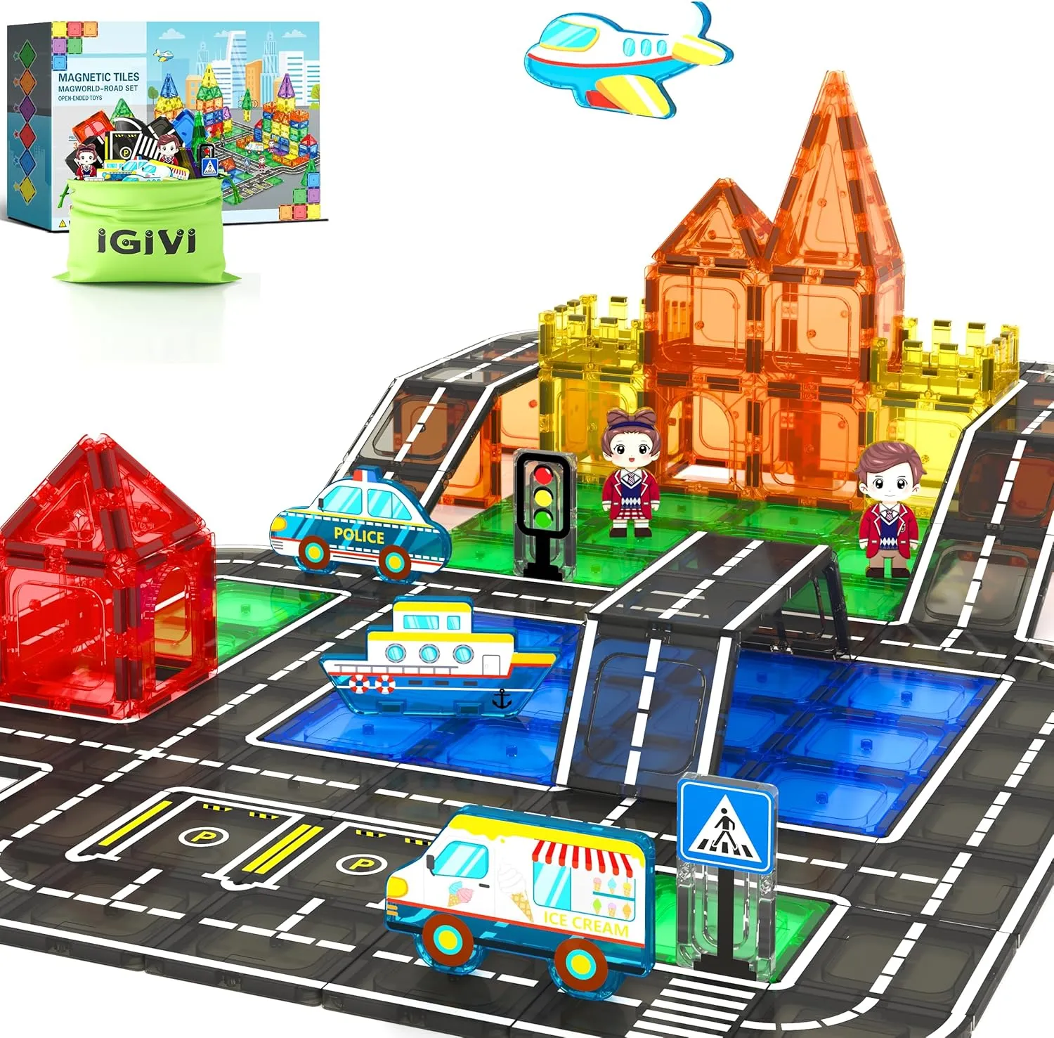 Magnetic Tiles City Road Set with Magnet Car, Magnetic Blocks Building Toys for Kids, STEM Construction Toys for Toddlers, Gifts for 3  Year Old Boys & Girls
