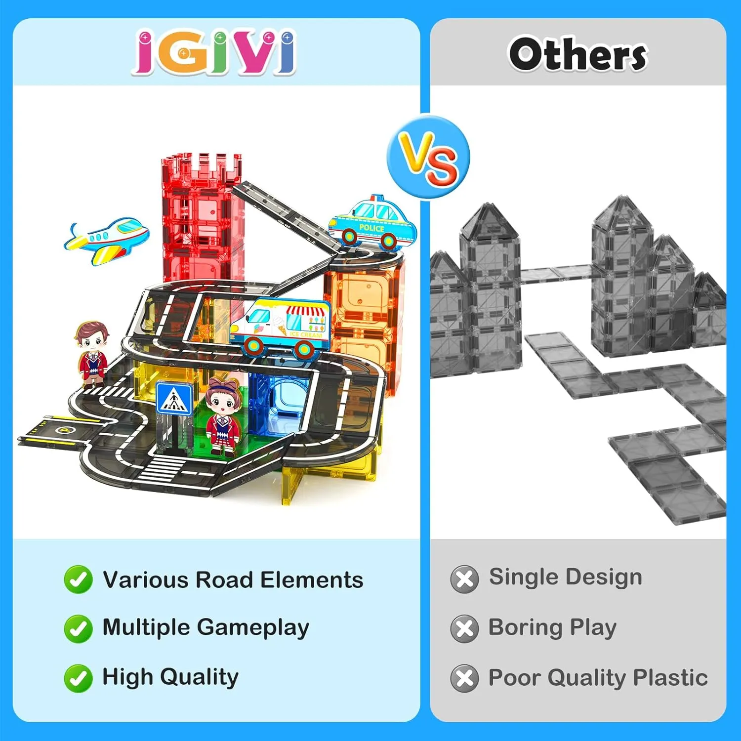 Magnetic Tiles City Road Set with Magnet Car, Magnetic Blocks Building Toys for Kids, STEM Construction Toys for Toddlers, Gifts for 3  Year Old Boys & Girls