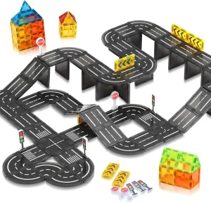 Magnetic Tiles, Construction Magnetic Road Tiles Set, STEM Road Blocks Building Tile, Educational Magnets Tile Toys for Boys Kids Toddlers Ages 3 4 5 6 7 8 9  Year Old Gifts