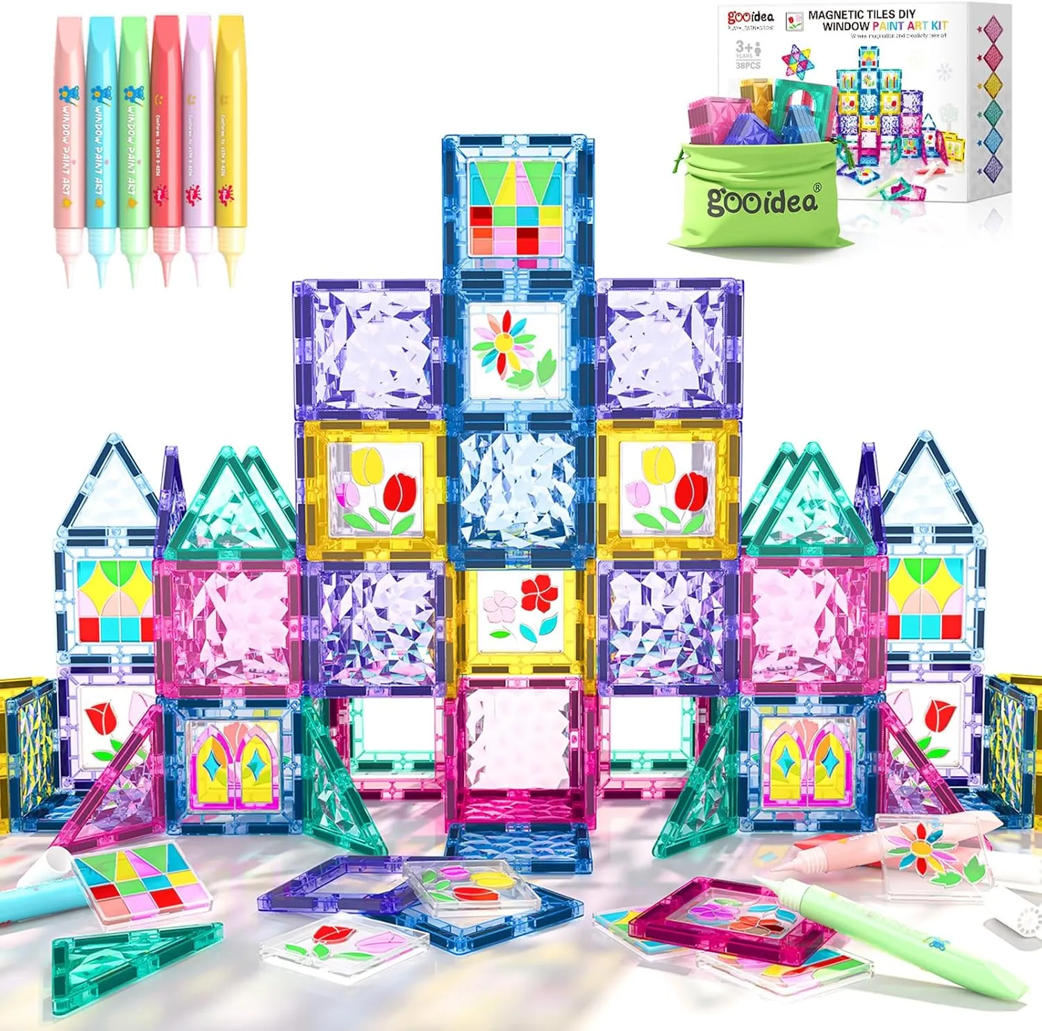 Magnetic Tiles DIY Window Arts and Craft Kit Kids Games Montessori Toys Toddler Kids, Magnet Building Blocks Set for Preschool Learning Classroom STEM Sensory Toys Gift for 3  Year Old Boys and Girls