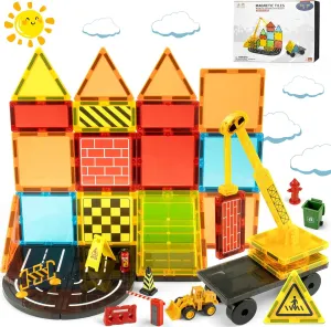 Magnetic Tiles Road Set with Extendable Magnet Crane Car Toys, Construction Building Toys for Kids Ages 3-5 4-8, Magnetic Building Blocks Tiles for Toddler Boys Girls, Easter Basket Stuffers for Kids
