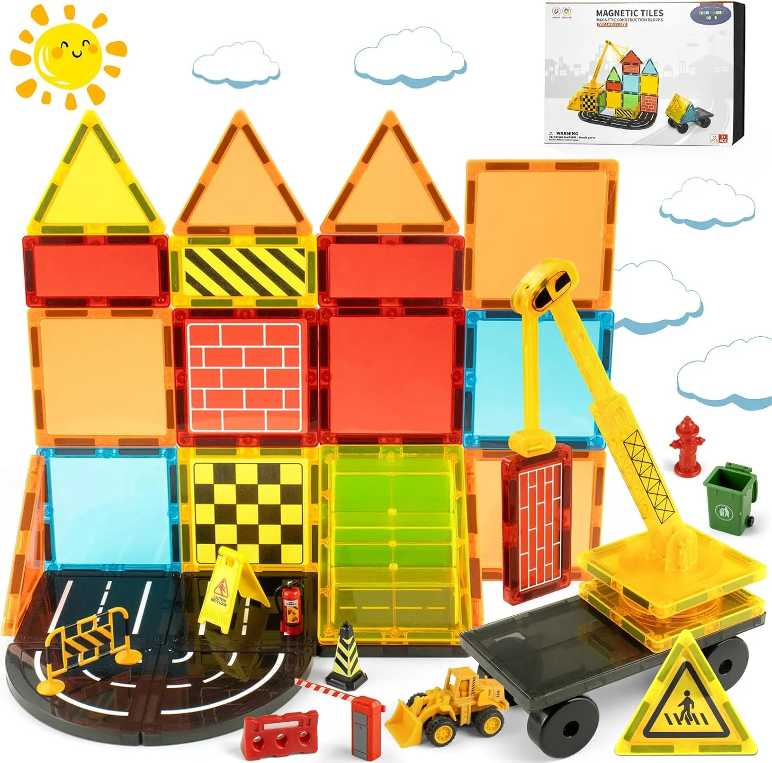 Magnetic Tiles Road Set with Extendable Magnet Crane Car Toys, Construction Building Toys for Kids Ages 3-5 4-8, Magnetic Building Blocks Tiles for Toddler Boys Girls, Easter Basket Stuffers for Kids