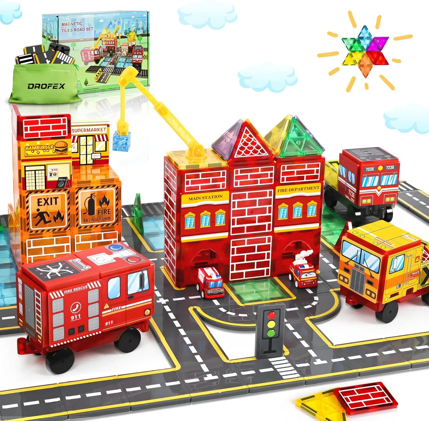 Magnetic Tiles Road Set with Fire Truck Magnetic Crane, Creative Construction Toys for Kids Ages 3-12, Boys & Girls, Fire Rescue Station and Engineering Themed Magnetic Building Blocks