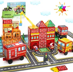 Magnetic Tiles Road Set with Fire Truck Magnetic Crane, Creative Construction Toys for Kids Ages 3-12, Boys & Girls, Fire Rescue Station and Engineering Themed Magnetic Building Blocks