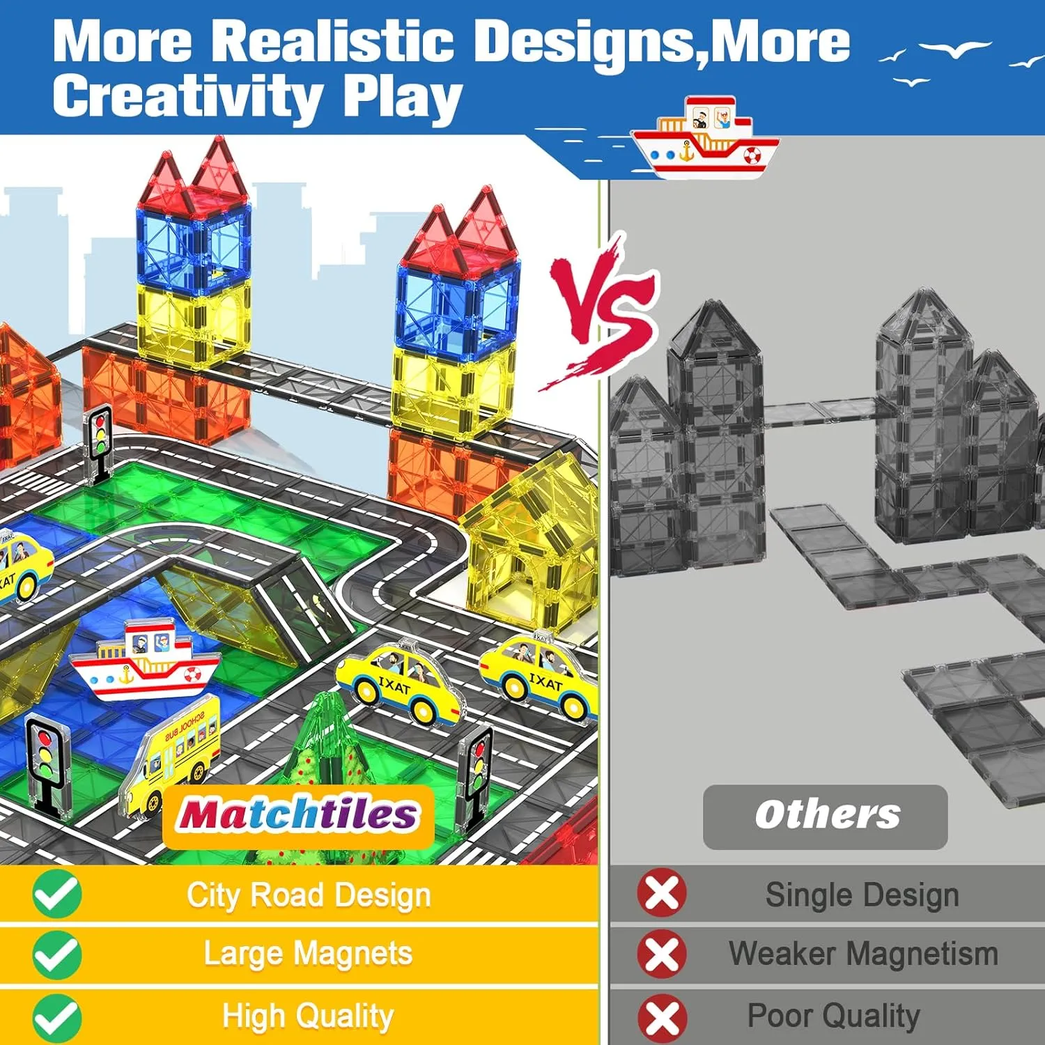 Magnetic Tiles Road Toys for 3  Year Old Toddler, Magnetic Blocks Building for Kids Ages 3-5 5-7 Girls Boys, STEM Montessori Sensory Toys, Classroom Must Haves