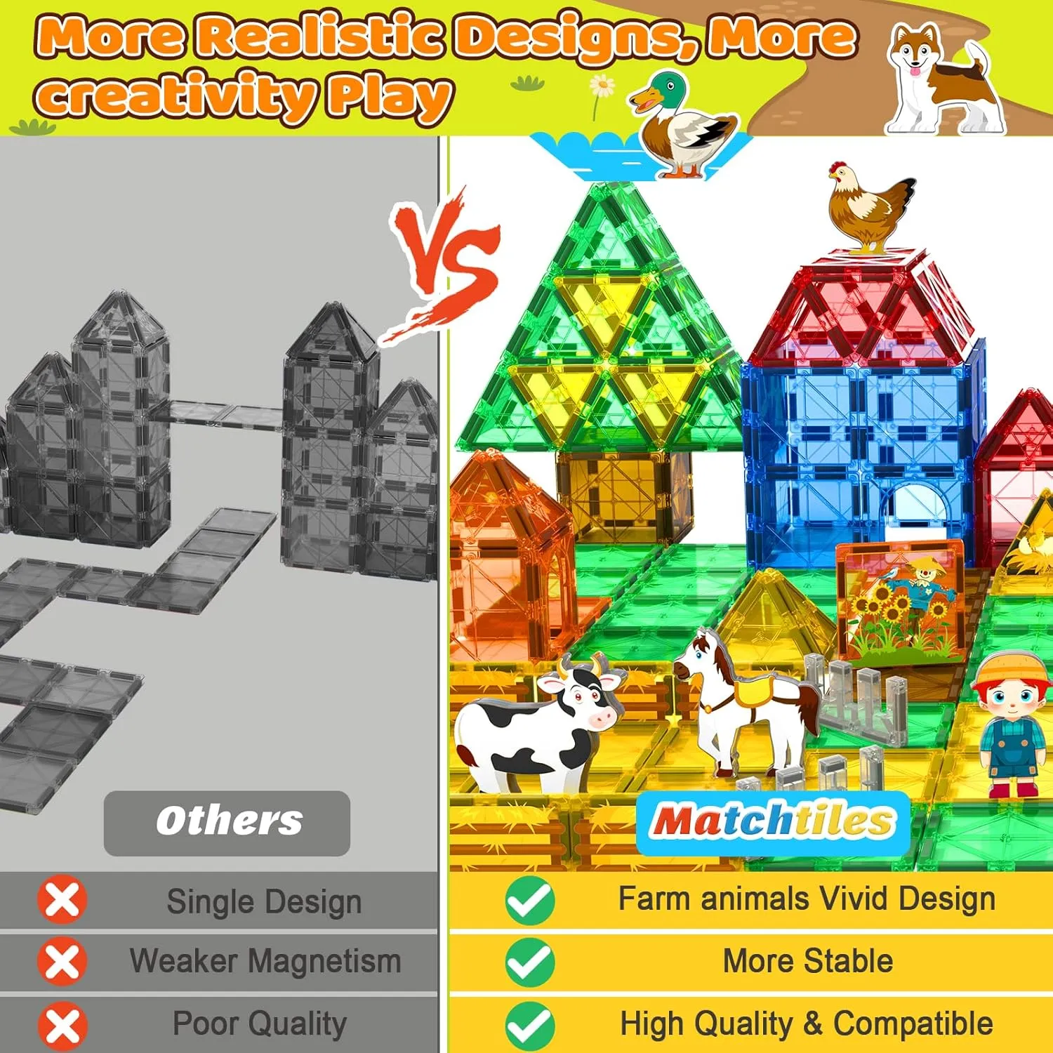 Magnetic Tiles Toys with Farm Animals for 3  Year Old Toddler, Magnetic Blocks Building Toys for Kids Ages 3-5 5-7 Girls Boys, Classroom Must Haves