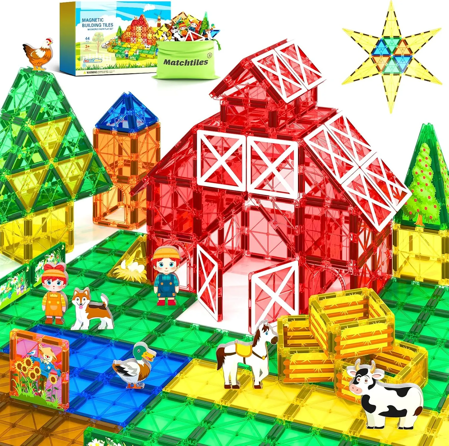 Magnetic Tiles Toys with Farm Animals for 3  Year Old Toddler, Magnetic Blocks Building Toys for Kids Ages 3-5 5-7 Girls Boys, Classroom Must Haves