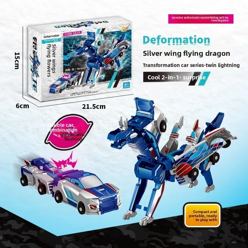 Magnetic Transforming Car Toy, Dinosaur Robot Vehicle, Collision-Activated Kids Play Set, Blue and Silver (Blue)