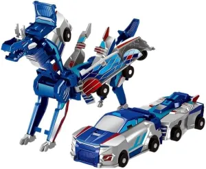 Magnetic Transforming Car Toy, Dinosaur Robot Vehicle, Collision-Activated Kids Play Set, Blue and Silver (Blue)