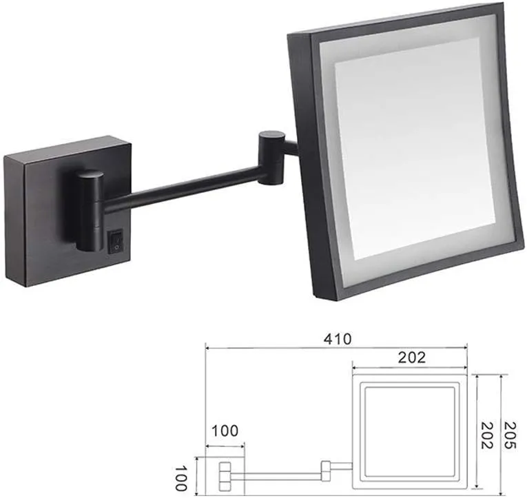 Makeup Mirror Makeup Mirror, Bathroom Shaving Mirror Wall Mounted USB Charge Makeup Mirror with LED Lights and 9X Magnification Single Side Square Vanity Mirror Extendable Built- in Lithium Battery (