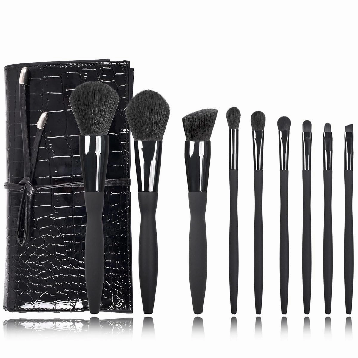 Makeup Brushes Set,9 pcs Premium Cosmetic Make Up Brushes Foundation withTravel Makeup Bag (9 makeup brushes glossy leather storage bag,Black)