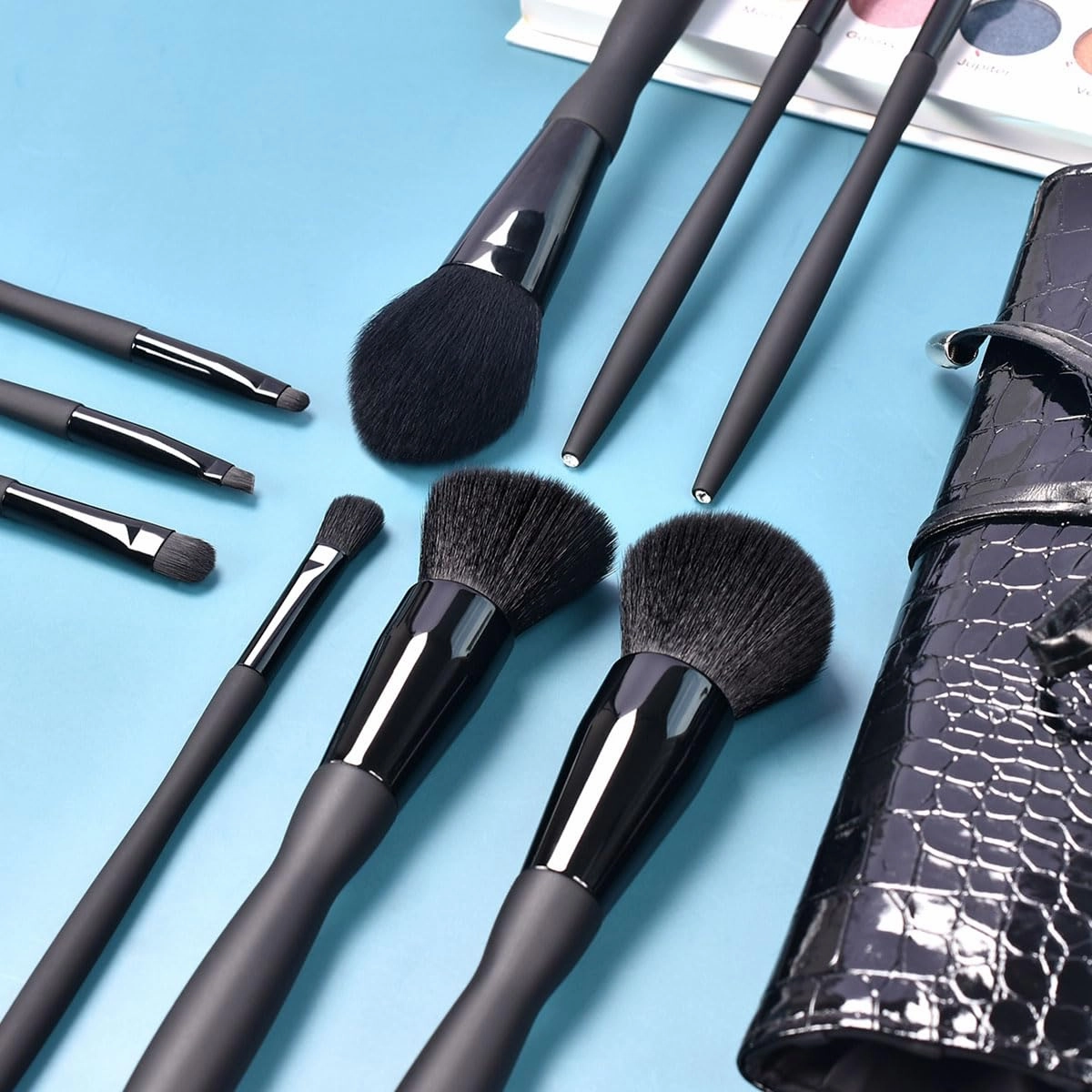 Makeup Brushes Set,9 pcs Premium Cosmetic Make Up Brushes Foundation withTravel Makeup Bag (9 makeup brushes glossy leather storage bag,Black)