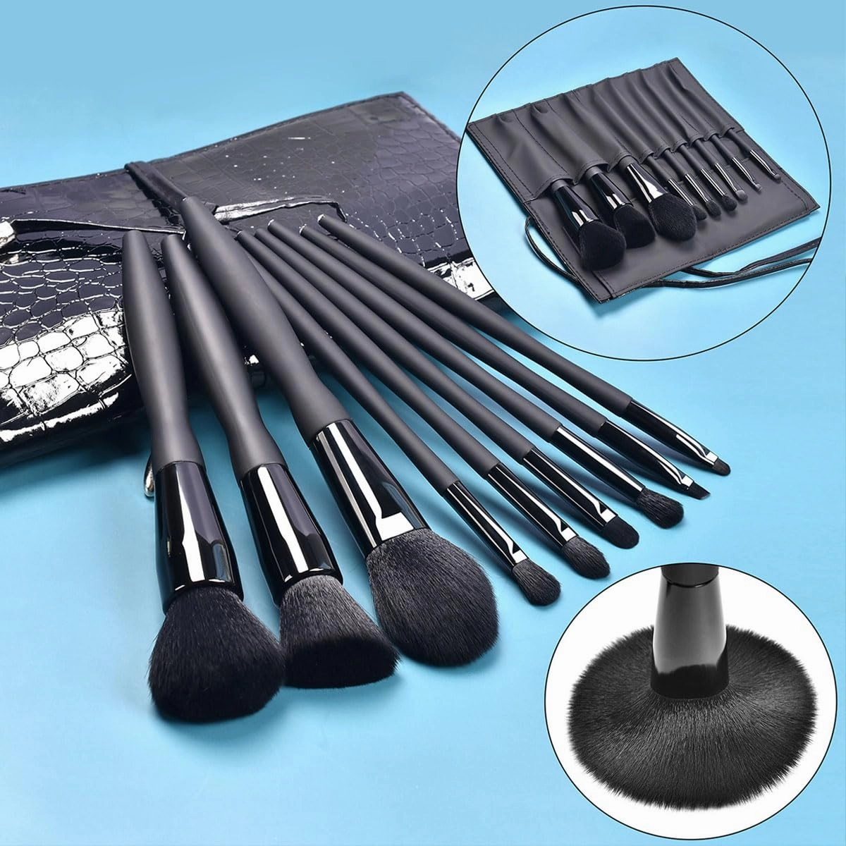 Makeup Brushes Set,9 pcs Premium Cosmetic Make Up Brushes Foundation withTravel Makeup Bag (9 makeup brushes glossy leather storage bag,Black)