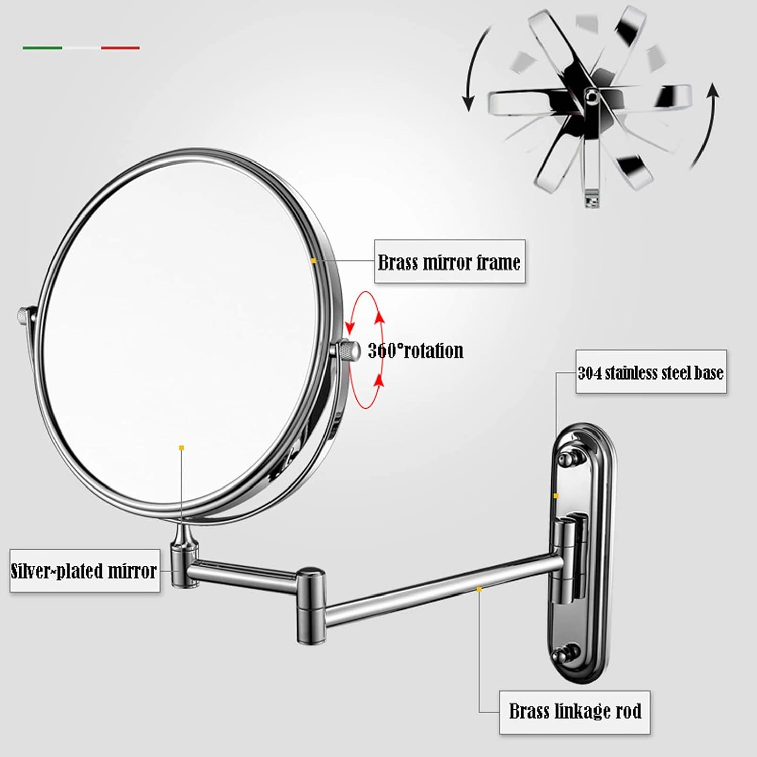 Makeup Mirror Magnification Wall Mounted, Vanity Mirror for Bedroom, Portable Cosmetic Mirror, 360 Degree Swivel Rechargeable Detachable, for Bedroom or Bathroom