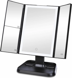 Makeup Mirror Trifold Vanity Mirror with 72 LED Lights - 3 Color Lighting Modes Makeup Mirror, 1x/2x/3x Magnification, with Touch Screen Dimming for Cosmetic (Black)