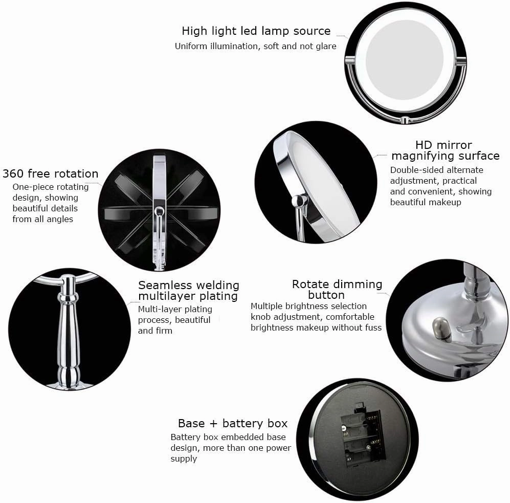 Makeup Mirror with and Magnification Rechargeable Double Sided HD Button 360 Degree Free Rotation for Bathroom Beauty Mirror (Size : 9 inches 1)