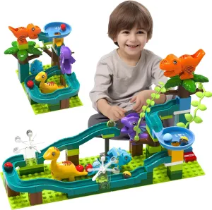 Marble Runs Dinosaur Adventure with Gravity Hammer and Building Tracks, 80 Pieces Compatible Construction Toys Interactive Ball Tracks Maze Game for Kids Ages 3 4 5 6 7 8 Years (Dinosaur Marble Run)