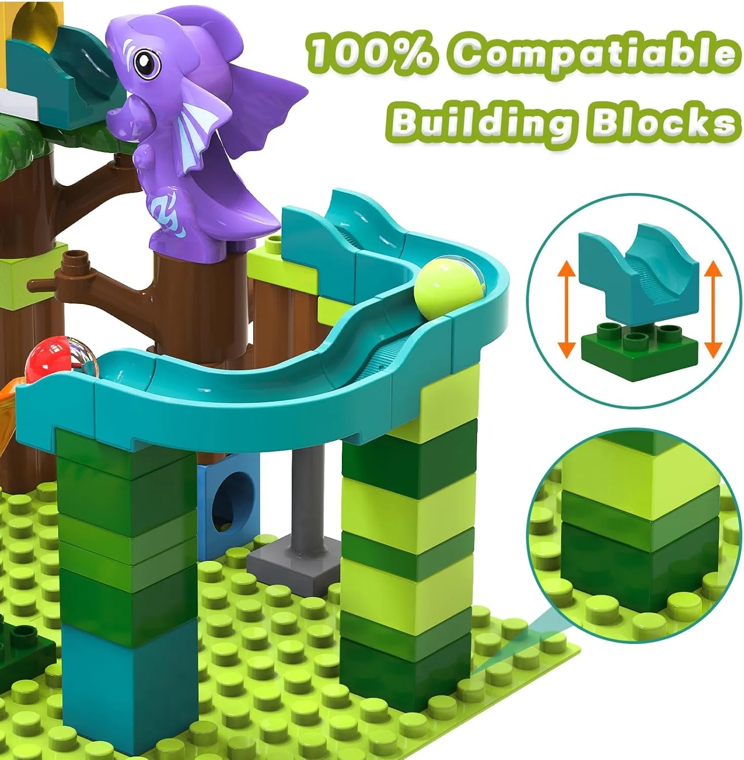 Marble Runs Dinosaur Adventure with Gravity Hammer and Building Tracks, 80 Pieces Compatible Construction Toys Interactive Ball Tracks Maze Game for Kids Ages 3 4 5 6 7 8 Years (Dinosaur Marble Run)