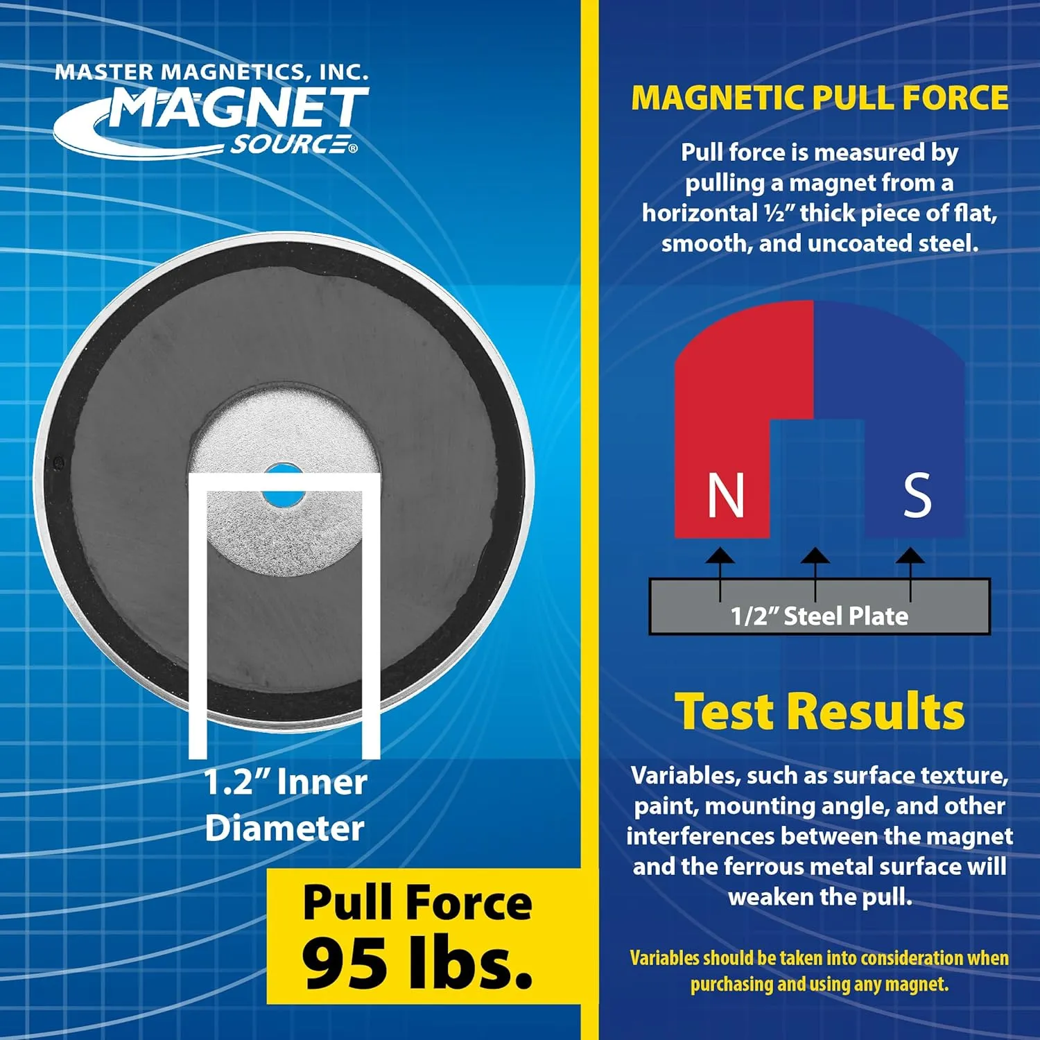 Master Magnetics Ceramic Round Base Magnet Fastener Pack - Heavy-Duty Strong Magnets - 95 lb Pull Each - Nickel-Plated - 3.20'' Diameter - 0.270'' Hole - 0.445'' Thick - 2-Pack
