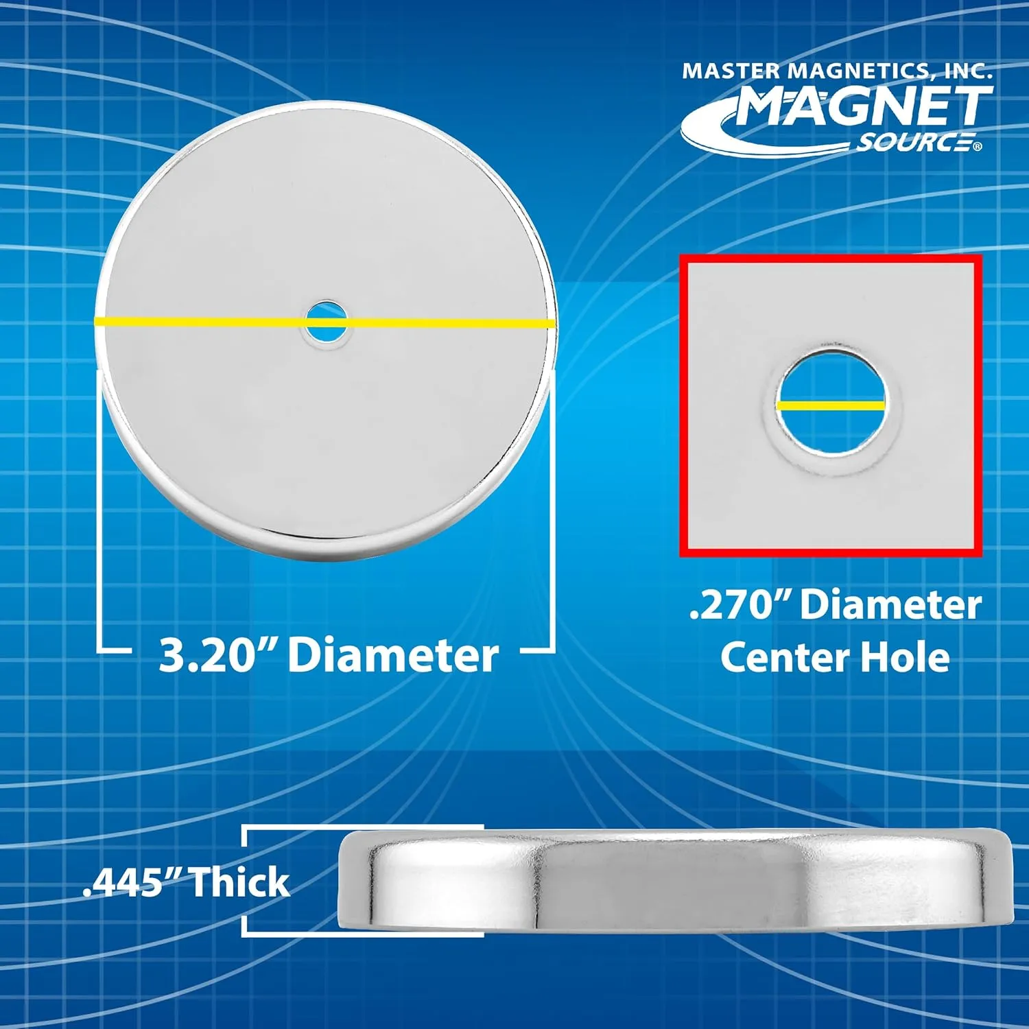 Master Magnetics Ceramic Round Base Magnet Fastener Pack - Heavy-Duty Strong Magnets - 95 lb Pull Each - Nickel-Plated - 3.20'' Diameter - 0.270'' Hole - 0.445'' Thick - 2-Pack
