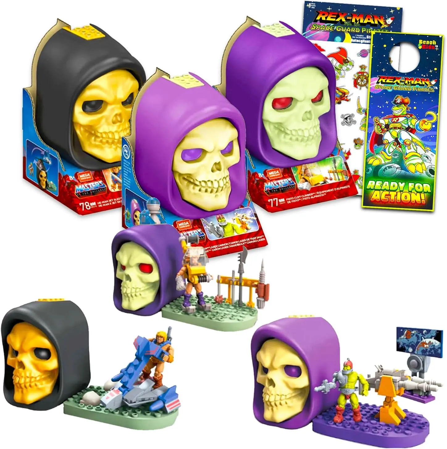 Masters of the Universe Building Set - Bundle with 3 Skeletor Skulls Mystery Playsets, Plus Stickers, More | He-Man Construction Toy Party Favors