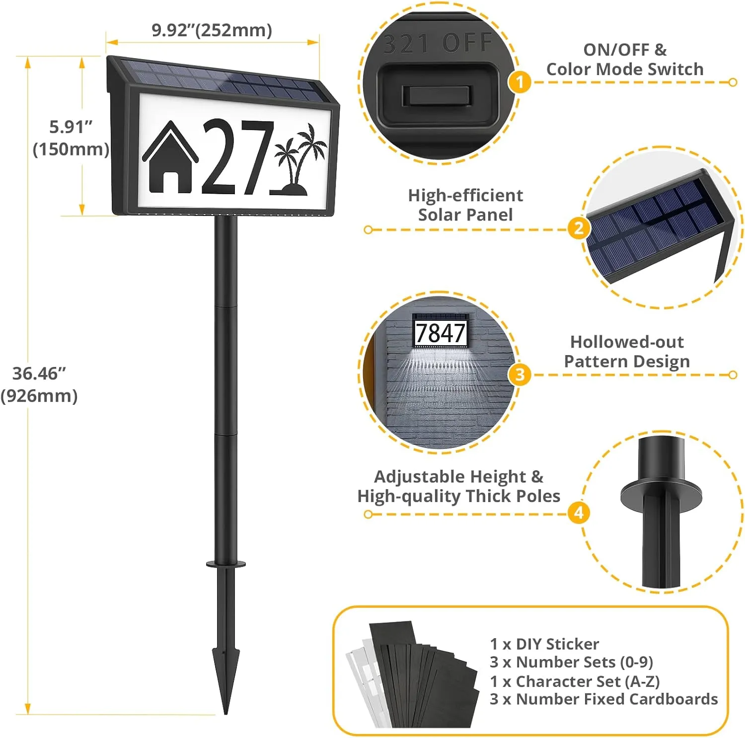 MAXvolador Solar Powered Address Sign House Numbers Waterproof, 3-Color Lighting Modes LED Illuminated Address Plaque with Stakes, Outdoor Address Number