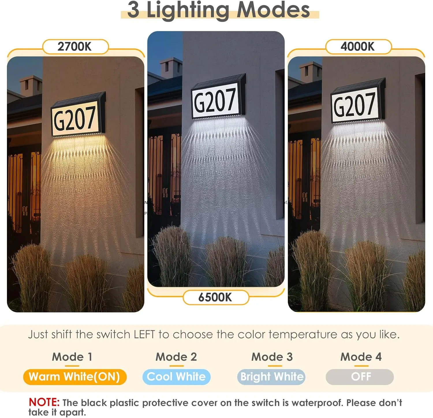 MAXvolador Solar Powered Address Sign House Numbers Waterproof, 3-Color Lighting Modes LED Illuminated Address Plaque with Stakes, Outdoor Address Number