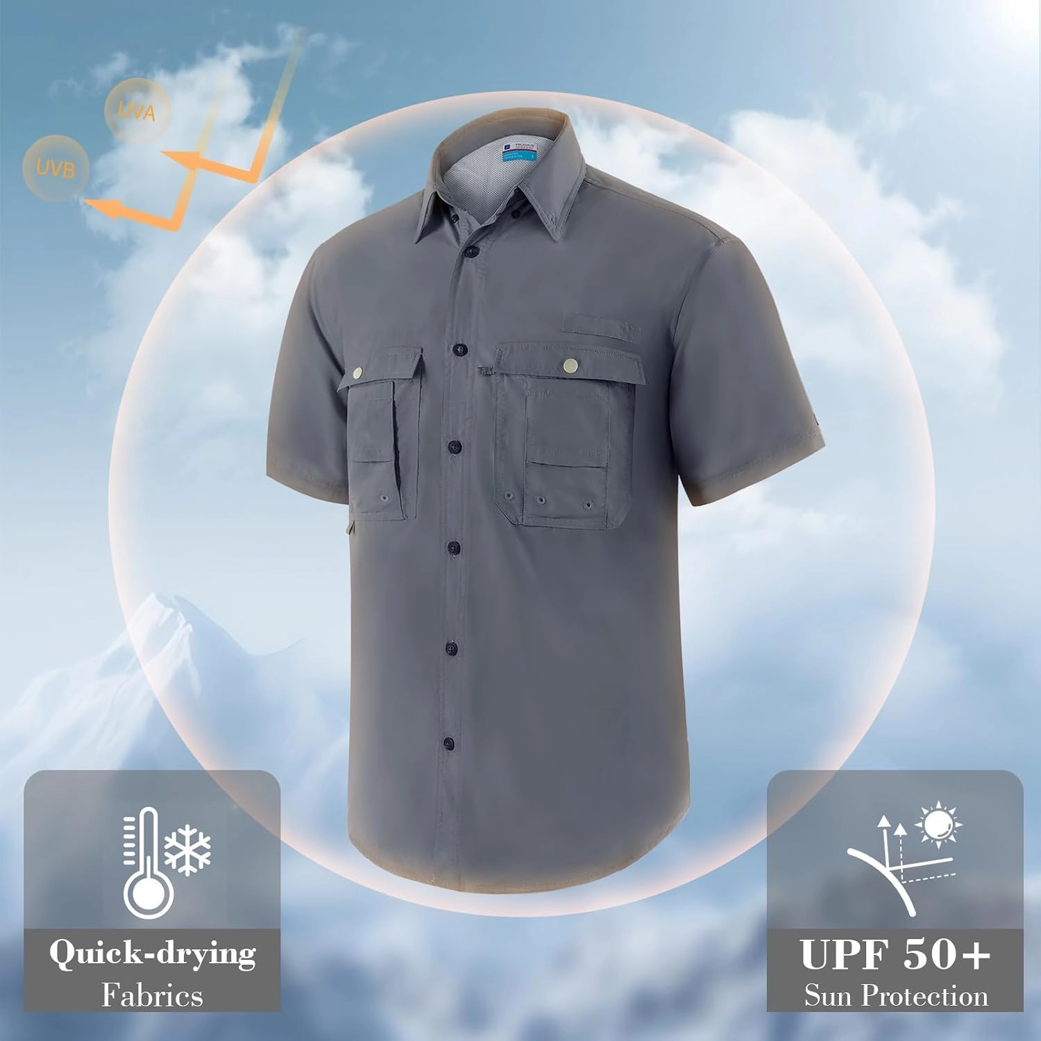 Men's Short Sleeve Fishing Shirts, Quick Dry UPF 50  Sun Protection Shirts for Hiking, Camping, Beach (Khaki, Lake Blue)