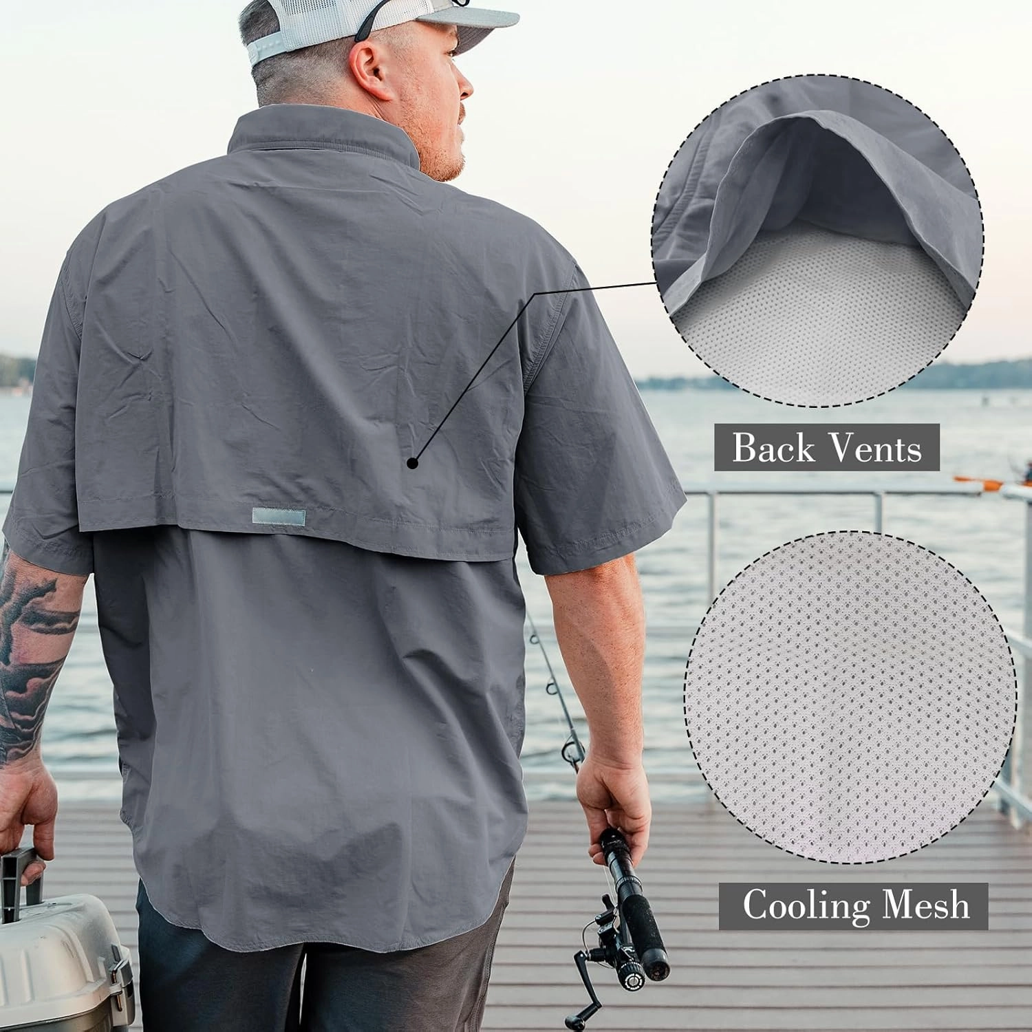Men's Short Sleeve Fishing Shirts, Quick Dry UPF 50  Sun Protection Shirts for Hiking, Camping, Beach (Khaki, Lake Blue)