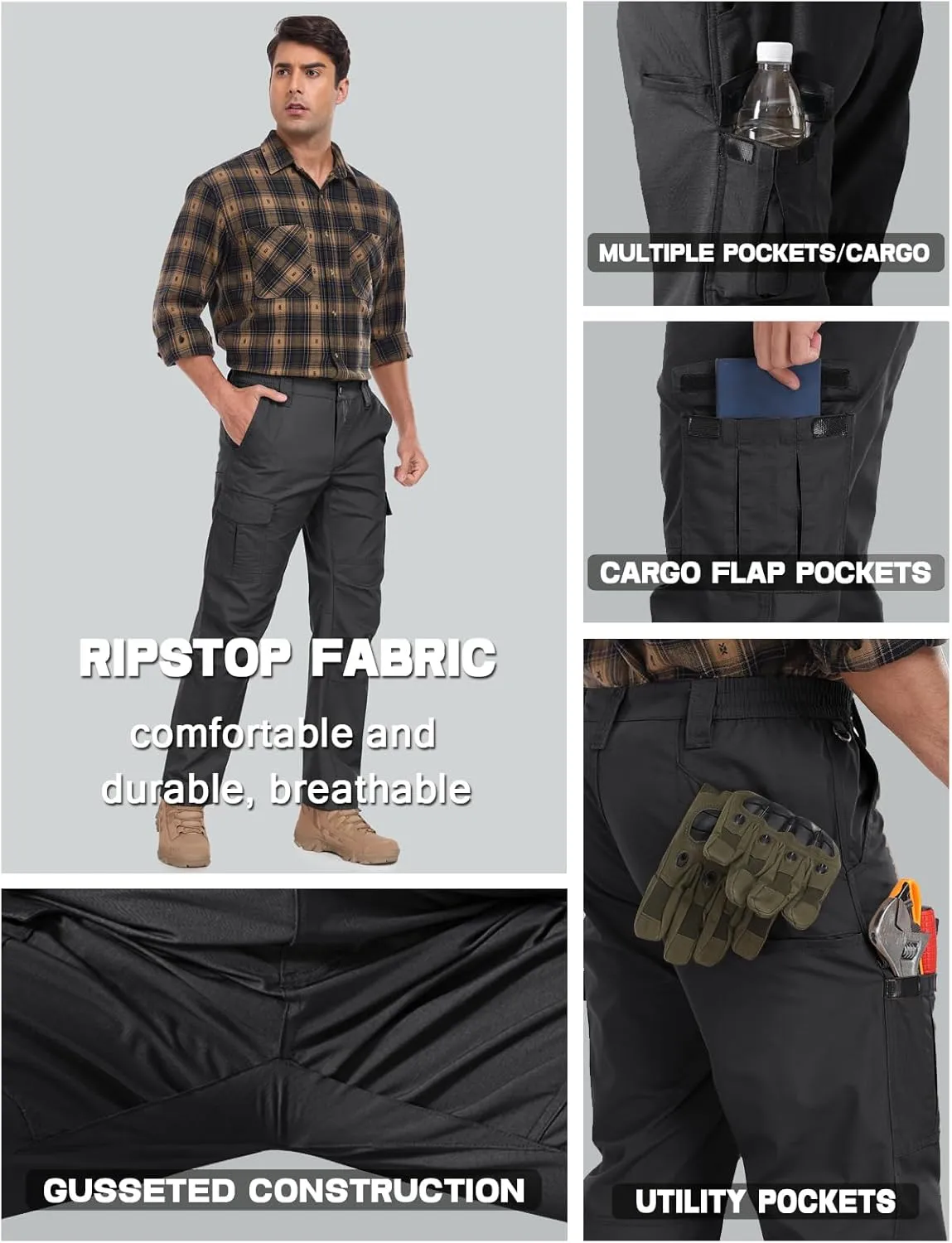 Mens Cargo Work Pants Durable Ripstop Tactical Pants with 7 Pockets Outdoor Water Resistant Hiking Woking Construction Pants